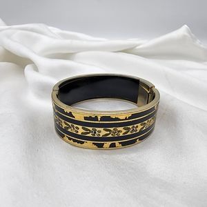 Vtg 1930's Fabon Fse Paris 725 Hinged Bracelet Gold Black Galalithe Enamel Flowe